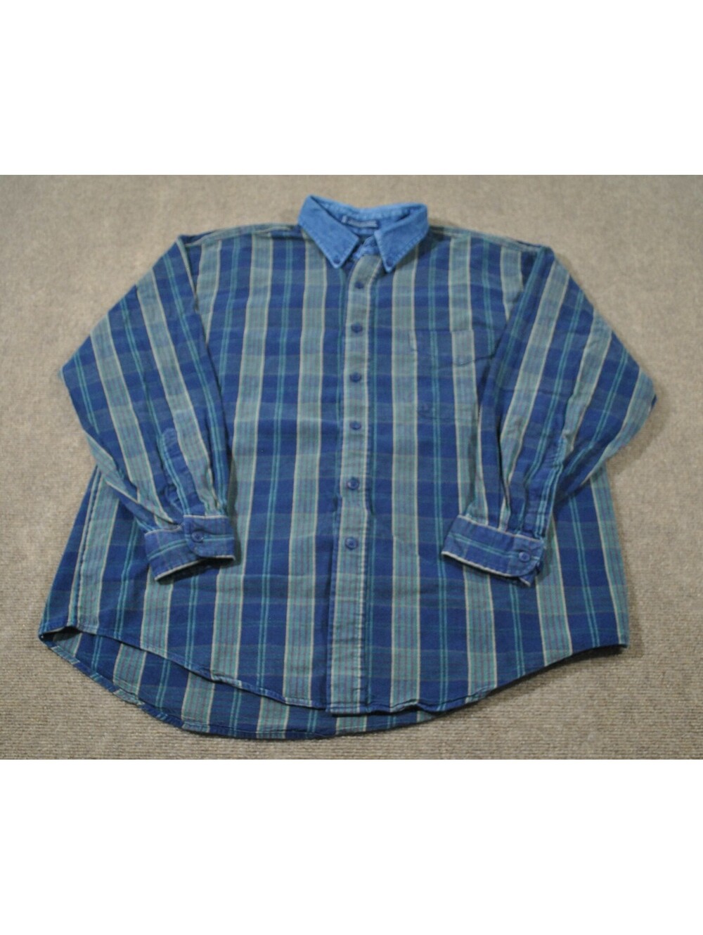 Van Heusen Vintage Mens Plaid Blue 90s Button Denim Collar Shirt Size Large